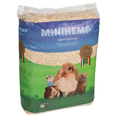 MiniHemp konopljina stelja, prirodna stelja za kuniće, glodavce i ptice. 100% prirodno, proizvedeno u EU. Na pakiranju su kunić, zamorac, feret i ptica.